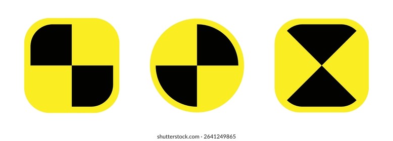 Crash test black, yellow stroke circle. A quartered circular safety symbol. Isolated on a white background.