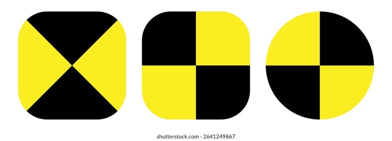 Crash test black, yellow stroke circle. A quartered circular safety symbol. Isolated on a white background.