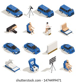 Crash test car safety isometric set with isolated images of damaged cars dummies seats with shadows vector illustration