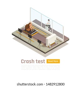 Crash test car safety isometric composition with read more button text and testing room units images vector illustration