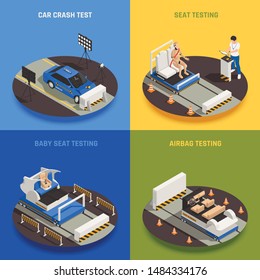 Crash test car safety isometric 2x2 design concept with text and images representing different testing procedures vector illustration