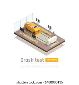Crash test car safety isometric composition with image of car on testing fixture with editable text vector illustration