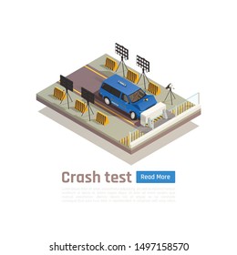 Crash test car safety isometric composition with editable text and view of car crashing into barrier vector illustration