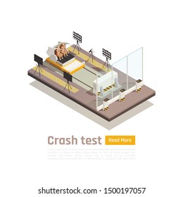 Crash test car safety isometric composition with view of testing fixture unit and dummies with text vector illustration