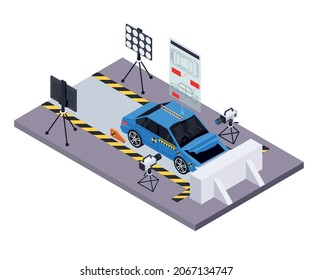 Crash Test Car Safety Isometric Composition With Test Track Scenery Lighting Equipment Cameras And Plunging Automobile Vector Illustration