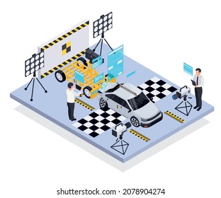 Crash test car safety isometric composition with view of test track with workers and holographic data vector illustration