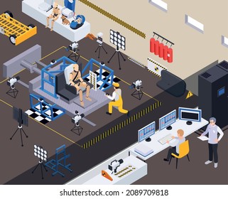 Crash test car safety isometric composition with automobile engineers gathering data from dummy mannequin in chair vector illustration