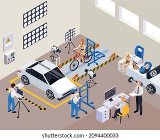 Crash test car safety isometric composition with indoor scenery car bicycle and people collecting damage statistics vector illustration