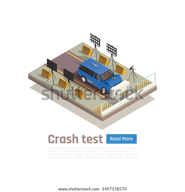 Crash\
test car safety isometric composition with editable text and view\
of car crashing into barrier vector\
illustration