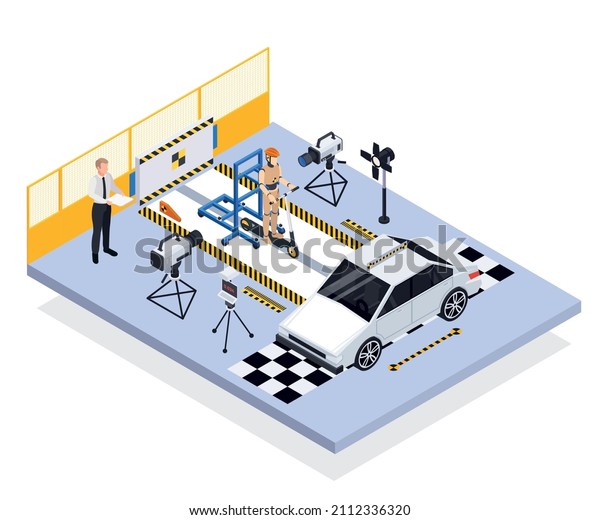 Crash test car safety isometric composition\
with view of moving push bicycle automobile on test track vector\
illustration