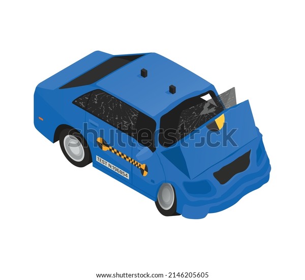Crash test car safety isometric icon with\
damaged automobile 3d vector\
illustration