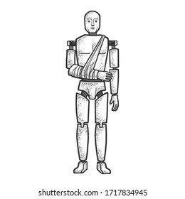 Crash test dummy with broken hand sketch engraving vector illustration. T-shirt apparel print design. Scratch board imitation. Black and white hand drawn image.