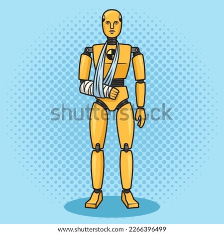 Crash test dummy with broken hand pop art retro vector illustration. Comic book style imitation.