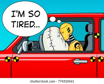 Crash test dummy in car after accident pop art retro vector illustration. Comic book style imitation.
