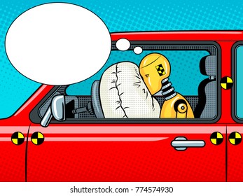 Crash test dummy in car after accident pop art retro vector illustration. Comic book style imitation.