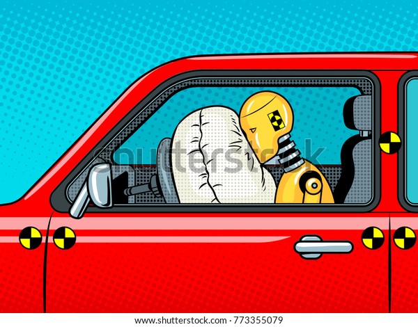 Crash test dummy in car\
after accident pop art retro vector illustration. Comic book style\
imitation.\
