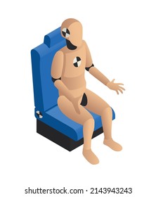 Crash test dummy on blue seat isometric icon 3d vector illustration