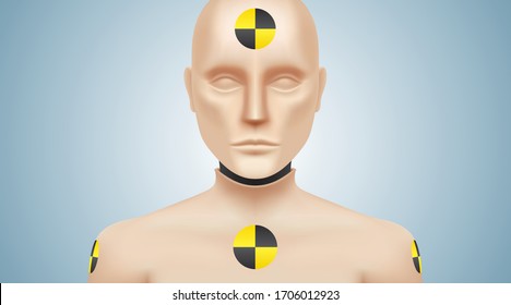 Crash test dummy vector illustration. Car safety testing manikin, looking at camera, standing on a gray background.