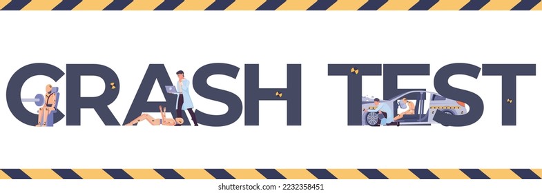 Crash test horizontal text banner in flat style with dummies and people gathering data vector illustration