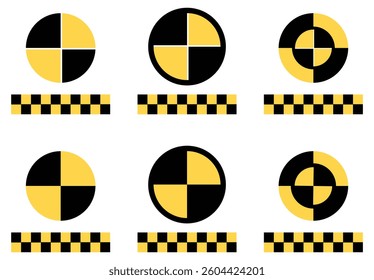 Crash test icon set with divided circles and yellow-black checker safety patterns.