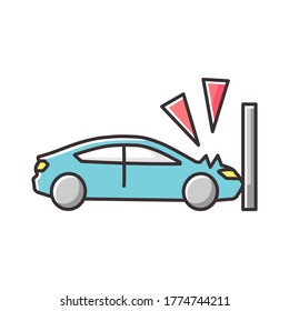 Crash test RGB color icon. Traffic accident, car wreck, life insurance. Vehicle protective systems check. Automobile hitting wall isolated vector illustration