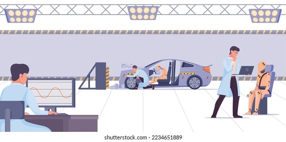 Crash test scene with smashed car dummies and people working on computer flat vector illustration