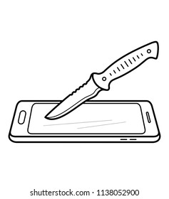 Crash test smartphone. Scratching the gadget screen. Knife scratch test smartphone. 