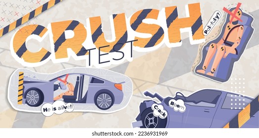 Crash text flat collage with dummies in seats of crashed cars vector illustration