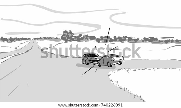 Crash. Two cars\
collide on a country road. Black and white vector sketch. Simple\
drawing at white\
background.