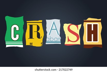 Crash word on vintage broken car license plates, vector