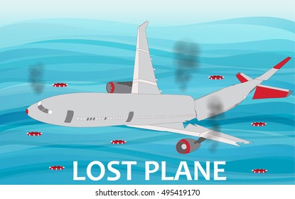 Crashed Airliner plane falling on ocean vector style.