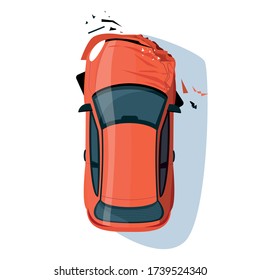 Crashed auto bumper semi flat RGB color vector illustration. Car accident. Collision on road. Claim insurance for transport. Red sedan isolated cartoon object top view on white background