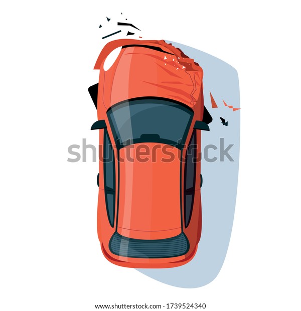 Crashed auto bumper semi flat RGB color vector\
illustration. Car accident. Collision on road. Claim insurance for\
transport. Red sedan isolated cartoon object top view on white\
background