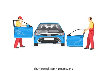Crashed auto in repair workshop colorful banner, vector illustration with men mechanics dresses coveralls replacing doors and inspecting blue vehicle
