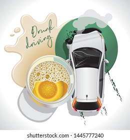 A crashed car after an accident stands next to a glass of beer, showing the effects of a drunk ride.