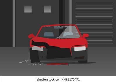 Crashed car in dark night street vector illustration, concept of car crime, broken auto with glass fragments, disaster accident, damaged vehicle cartoon flat style