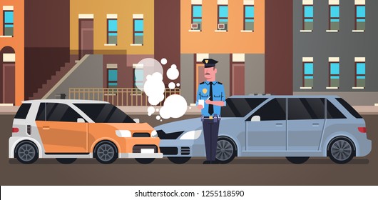 Crashed Car Road Accident Police Officer In Uniform Issuing Report Policeman Writing Legal Fine Document City Buildings Background Flat Horizontal