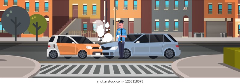 crashed car road accident police officer in uniform issuing report policeman writing legal fine document city buildings background flat horizontal banner