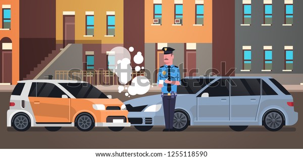 crashed car road accident police officer\
in uniform issuing report policeman writing legal fine document\
city buildings background flat\
horizontal