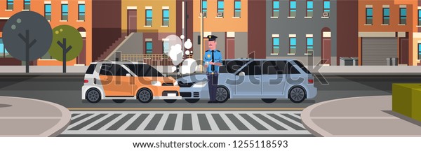 crashed car road accident police\
officer in uniform issuing report policeman writing legal fine\
document city buildings background flat horizontal\
banner