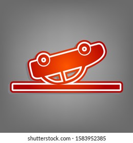 Crashed Car sign. Flat red icon with linear white icon with gray shadow at grayish background. Illustration.