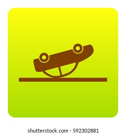 Crashed Car sign. Vector. Brown icon at green-yellow gradient square with rounded corners on white background. Isolated.