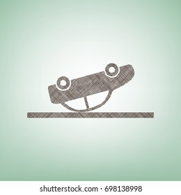 Crashed Car sign. Vector. Brown flax icon on green background with light spot at the center.