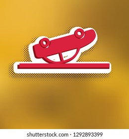 Crashed Car sign. Vector. Magenta icon with darker shadow, white sticker and black popart shadow on golden background.
