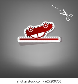 Crashed Car sign. Vector. Red icon with for applique from paper with shadow on gray background with scissors.