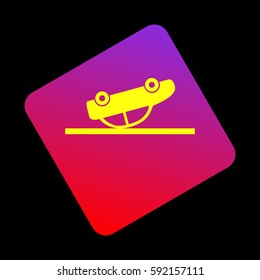 Crashed Car sign. Vector. Yellow icon at violet-red gradient square with rounded corners rotated for dynamics on black background.