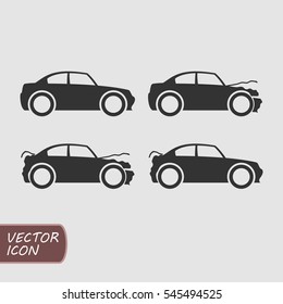 Crashed car vector icon set