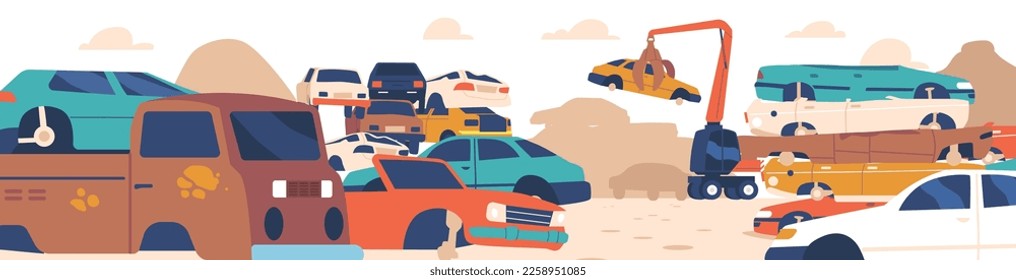 Crashed Cars Dump. Crane Manipulator Replacing Old Auto without Wheels. Used Vehicles Stand in Rows and Piled Up at Preparation for Disposal. Processing of Scrap Metal. Cartoon Vector Illustration