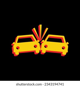 Señal de coches caídos. Icono Amarillo extruido 3D con los lados rojos un fondo negro. Ilustración.