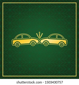 Crashed Cars sign. Golden icon with gold contour at dark green gridded background. Illustration.